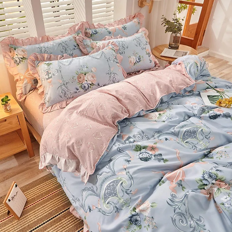 Peony Floral Girls Duvet Cover Set Soft Cotton Brushed Farmhouse Chic Blossom Ruffle 3/4Pcs Bedding set Fitted sheet Pillowcase