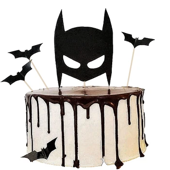 

5Pcs Batman Black Bat theme Cake Toppers Picks Halloween Batman Mask Boy Kids Birthday Party Favors Topper Decoration Supplies
