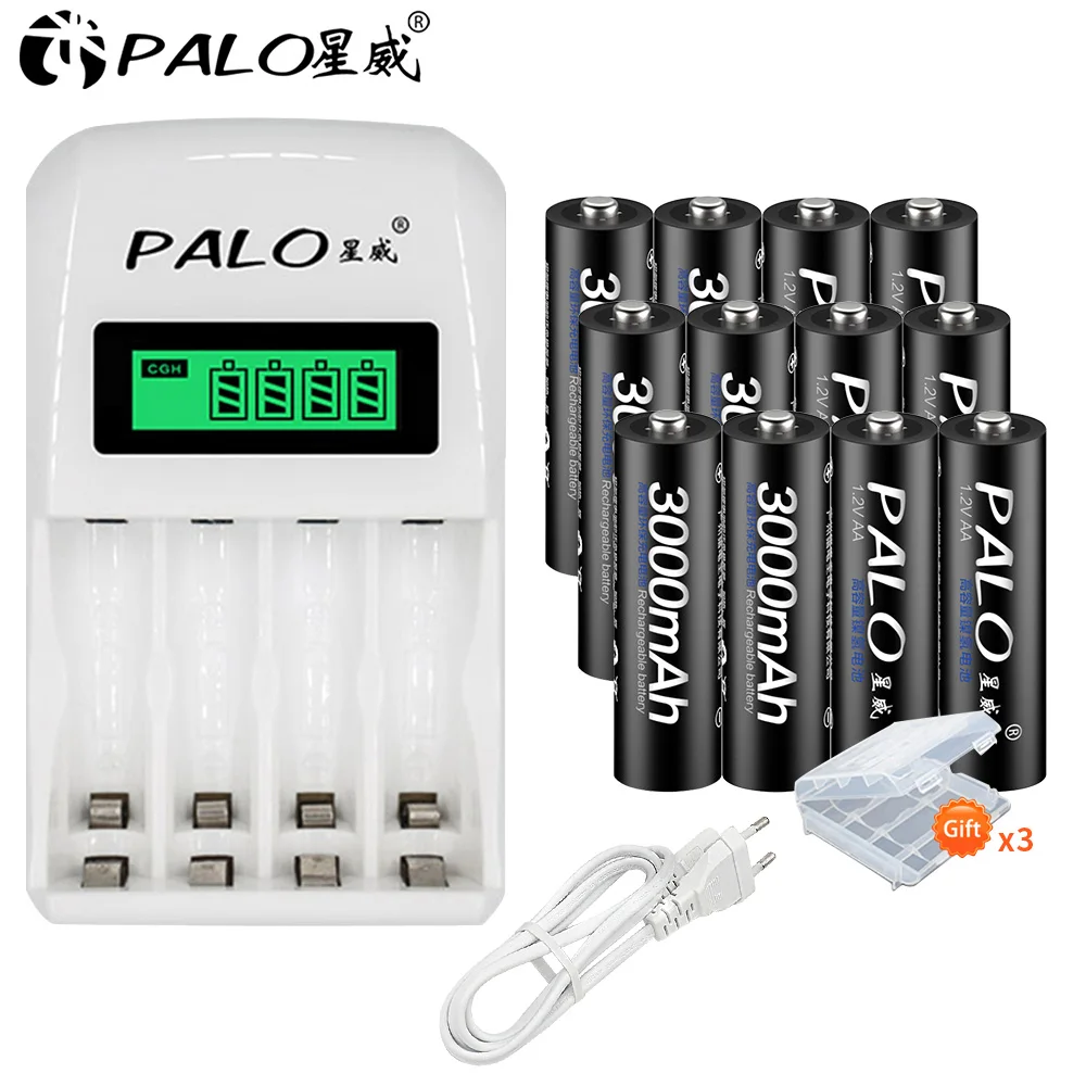 12PCS with charger PALO 8 шт. AA 3000mAh Ni-MH 1,2 V перезаряжаемые батареи aa аккумулятор с ЖК-дисплеем смарт-зарядное устройство - Цвет: 12PCS with charger