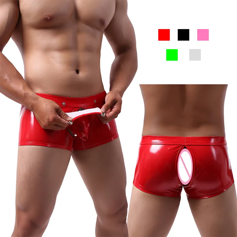 

AIIOU Sexy Gay Underwear Open Butt Mens Faux Leather Boxershorts Wet Look Underpants Open Crotch Pouch Male Panties Gay Cueca