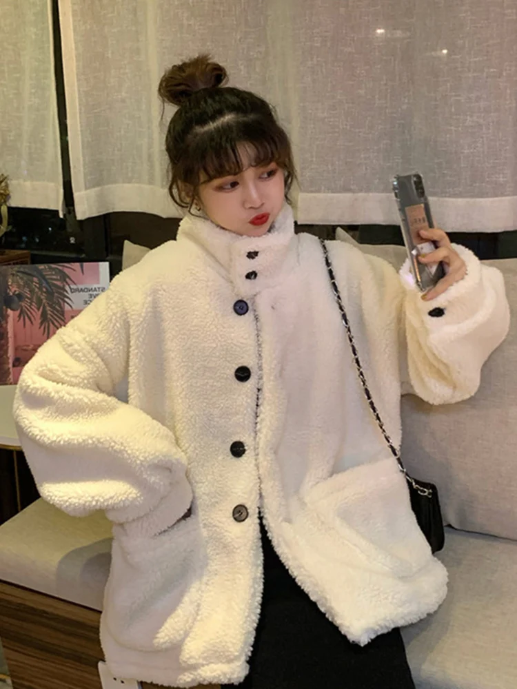 Lambs coat women's new single row black button Mock Neck granular sweater warm woolen in autumn and winter 2019 women | Женская