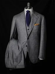 Classic Grey Formal Plaid Mens Suit Three Pieces Thick Business Coat Mens Jacket Blazer Wedding Groom Tuxedo Custom Made