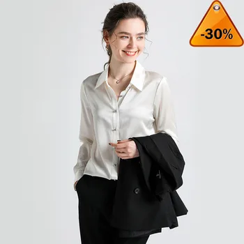 

Blouse Silk Shirts Women Elegant Basic Pure Natural Charmeuse Silk Chinese Long Sleeves Glossy Ladies