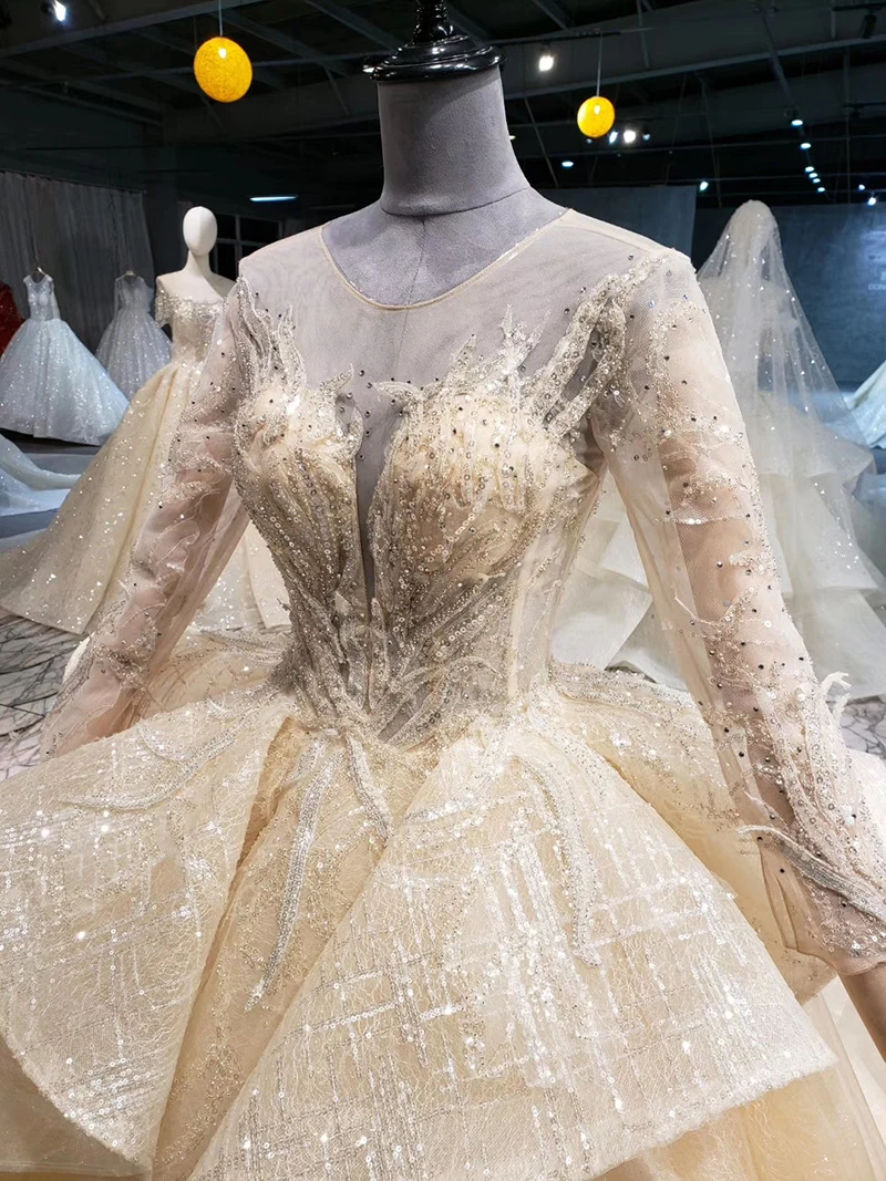 HTL1022 роскошное свадебное платье цвета шампанского с длинным рукавом и О-образным вырезом, сексуальное с открытой спиной и аппликациями невеста, свадебное платье нового дизайна robe de mariage