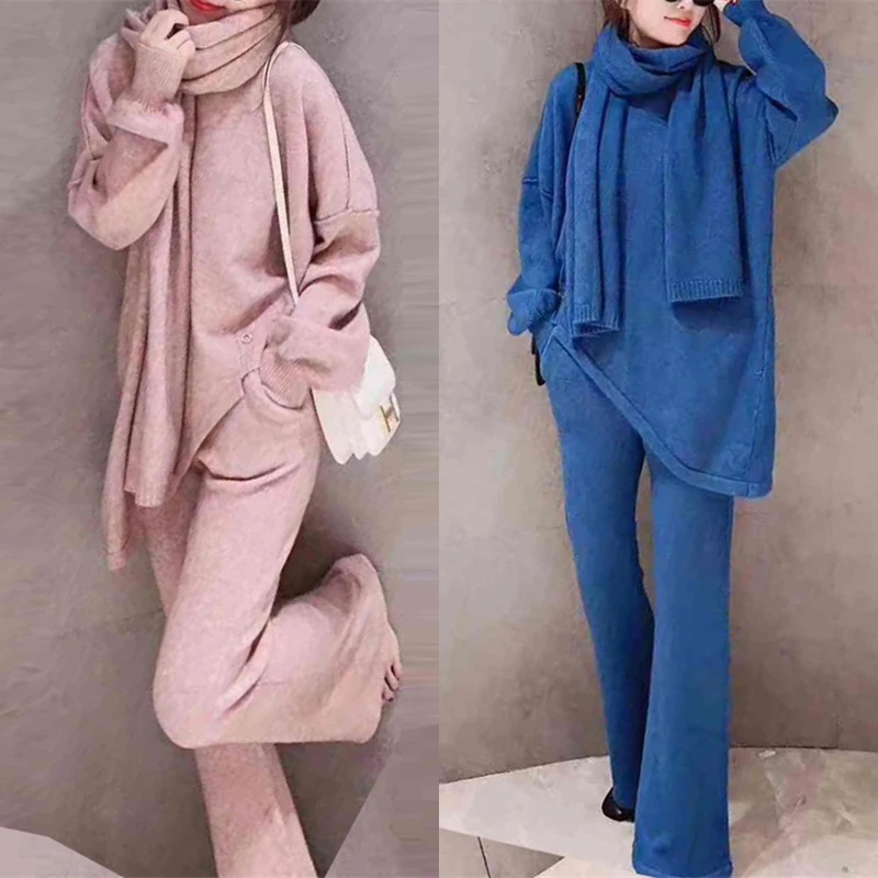 

3 piece set women winter new style fashion sweater set cashmere knit padded loose sweater wide leg pants three piece set