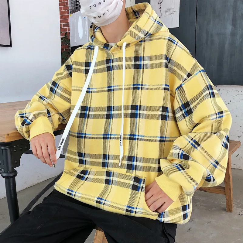 

Autumn Cotton Hoodies Men Fashion Casual Plaid Hooded Sweatshirt Men Streetwear Wild Loose Hip Hop Big Pocket Hoodie Man Hoody
