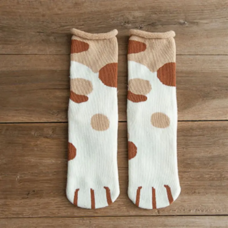 Женские зимние толстые носки с петельками, теплые хлопковые чулки с принтом в виде кошачьей лапы