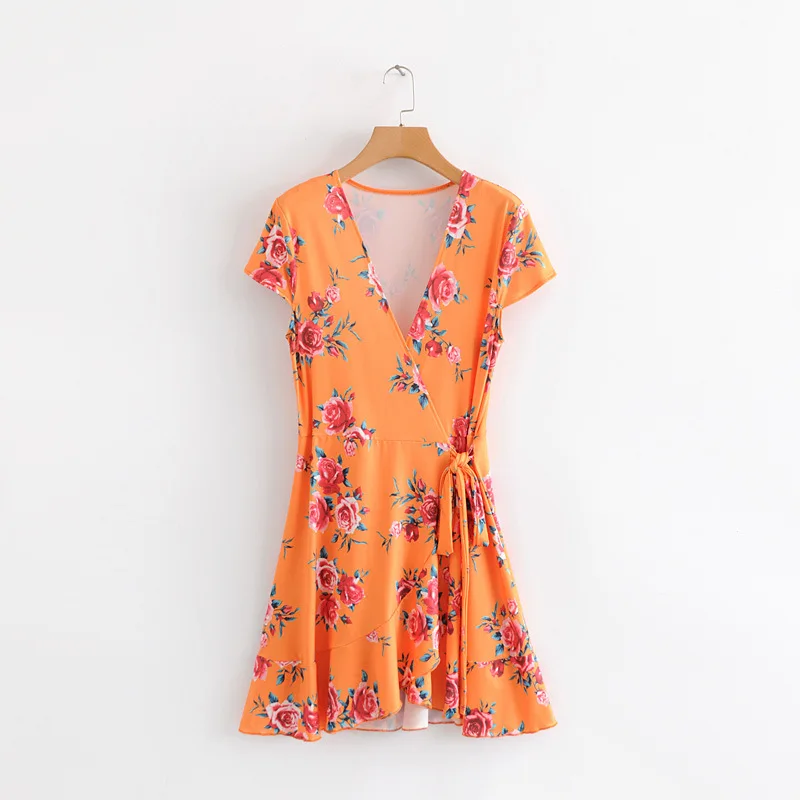 

2019 Spring Europe And America WOMEN'S Dress New Style V-neck Printed Flounced Short-sleeve Dress 541