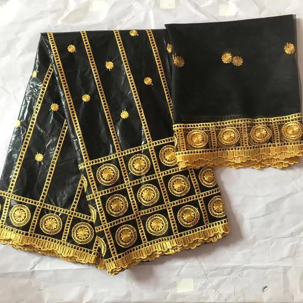 Gold bazin cotton fabrics New design african bazin riche with stones 5+2yards getzner broderie fabric for wedding party dress