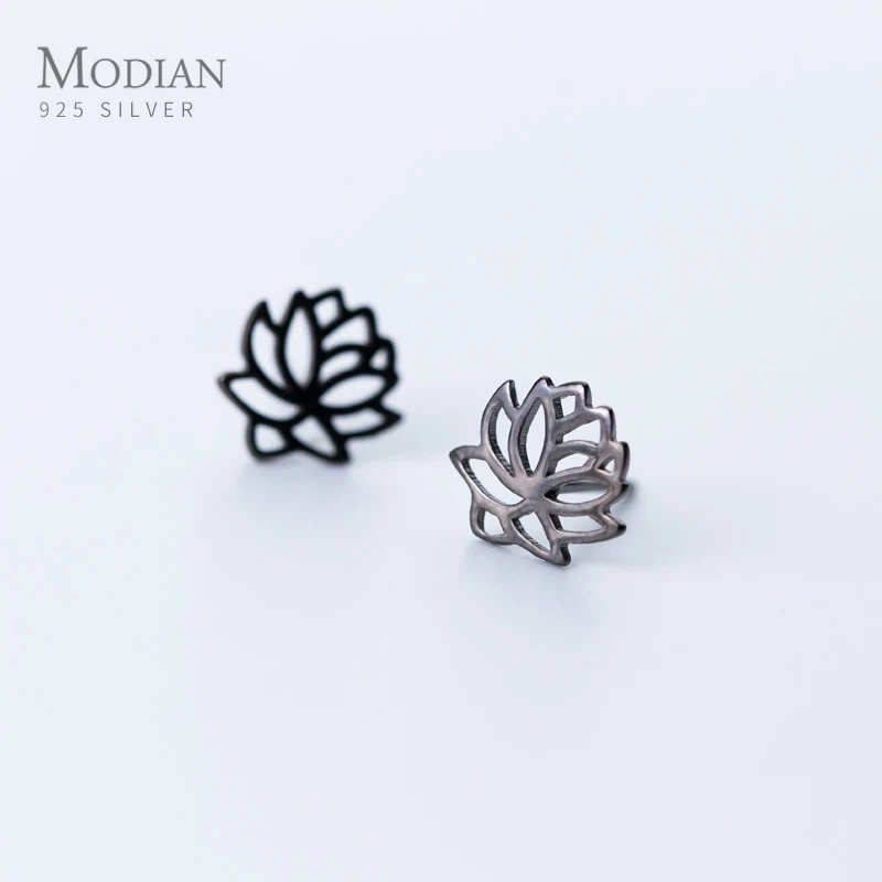 

Modian Authentic 925 Sterling Silver Black Lotus Flower Stud Earrings Classic Charm Anti-allergy Jewelry For Women Christmas