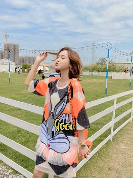 

Tide brand 2020 new loose large size fashion sequins short-sleeved t-shirt women's long section cute rabbit T-shirt dress summer