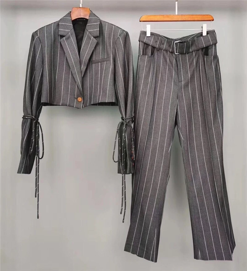 European and American fashion handsome short small suit+ high waist with belt striped nine pants Sets