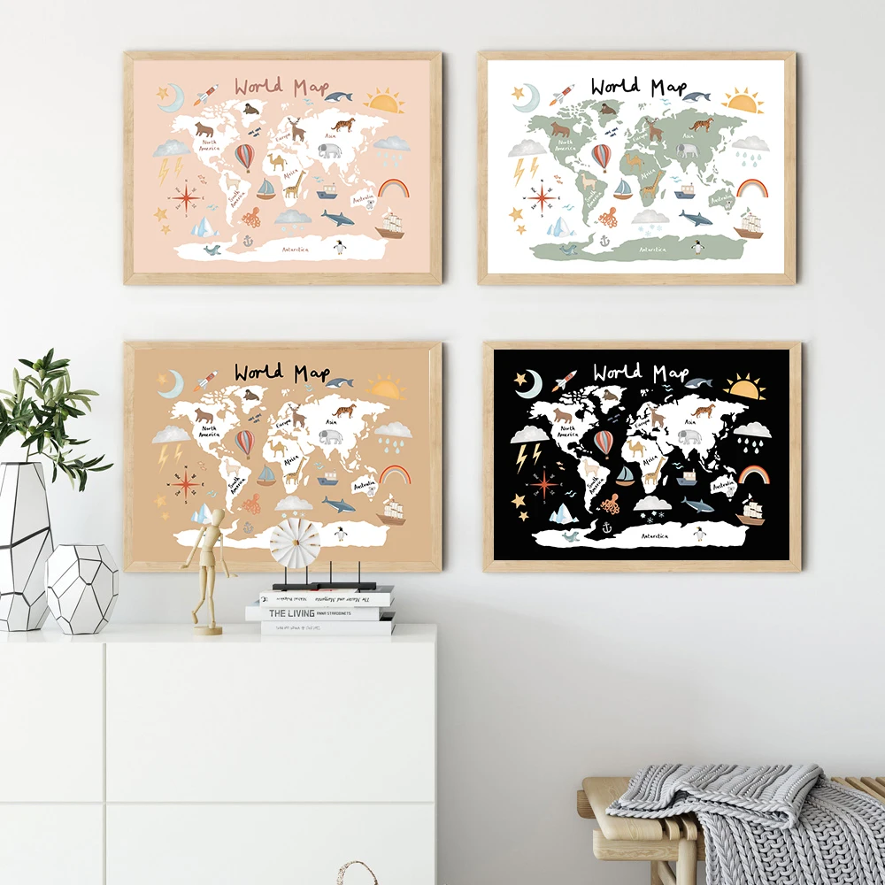 Educational Animal World Map Picture Children Poster Nursery Wall Art Canvas Print Painting Baby Kid Bedroom Playroom Home Decor | Дом и сад