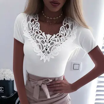 

Women Lace Short Sleeve T-shirts Ladies Lace V Neck Casual Slim Fit T Shirt Tops Summer Fashion Solid Female Basic Tee Top 5XL