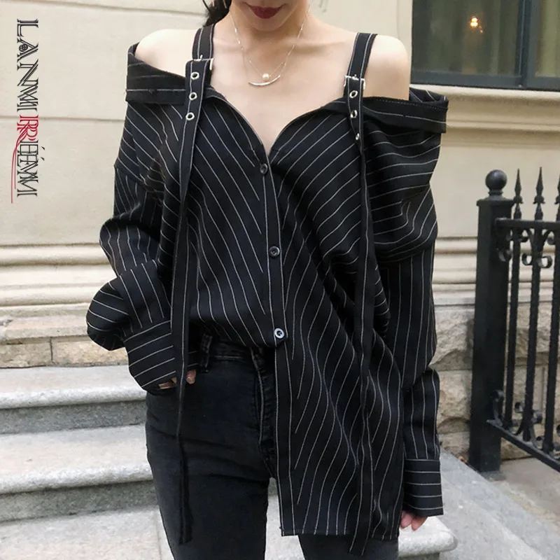 Shirt Blouse Black-Strap Long-Sleeve Off-Shoulder Females Stripe New-Fashion Vertical