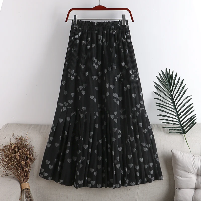 

Floral Print Women Autumn Winter Sweet Cute Skirts Elastic High Waist Patchwork Heart-Shaped Woman Long Midi Skirt Mujer Faldas