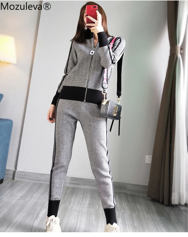 

Mozuleva High Quality New Winter Woman Tracksuit Geometric stripeTurtleneck Zipper Knitted Cardigans+Women Two piece Pants Sets