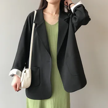 

2020 Women Black Blazers Office Lady Full Regular Sleeve Solid Sing Button Notched Loose Straight Korean Top