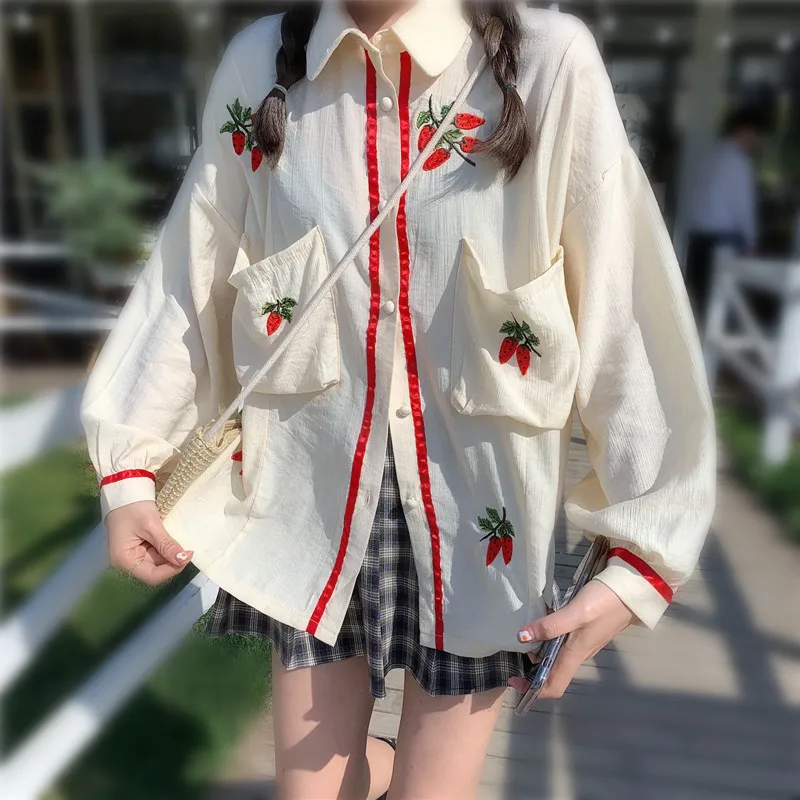  Lovely Cute Shirts Spring Blouses Women Embroidery Fruit Oversize Shirts For Young Ladies School Gi