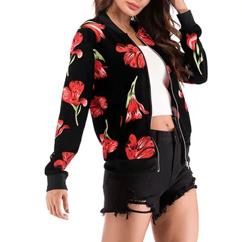 

Women Autumn Flying Crane Print Baseball Jacket Long Sleeve Stand Collar Jacket Campus Coat H9
