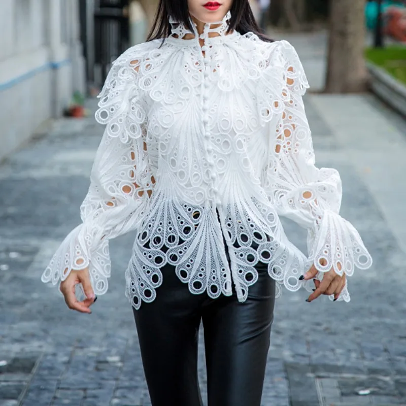 

2020 Spring New Fashion White Patchwork Polka Dot Shirts Turtleneck Flare Sleeve Hollow Out Vintage Shirt Female blouse