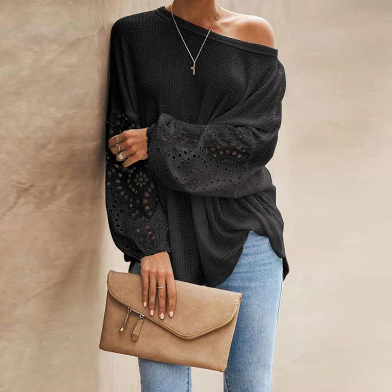 Sexy One Off Shoulder Knitted Pullover Sweaters Casual Long Flare Sleeve Embroidery Hollow Out Knitwear Tops
