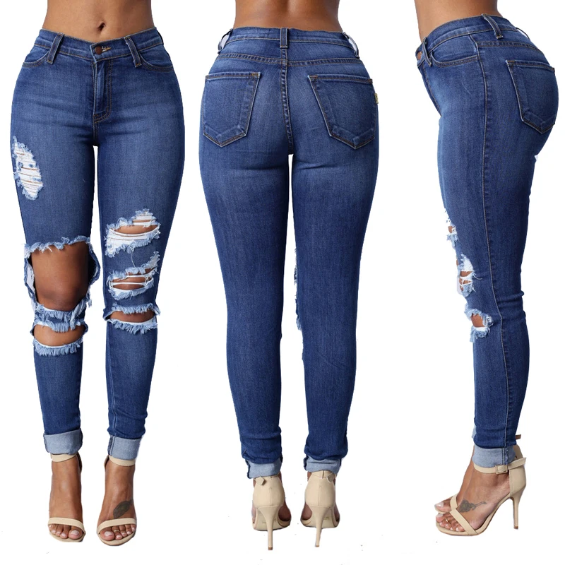

LJCUIYAO Women Denim Skinny Trousers High Waist Jeans Destroyed Knee Holes Pencil Pants Trousers Stretch Ripped Boyfriend Female