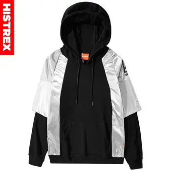 

Men Hip Hop Hoodie Sweatshirt Silver Color Block Patchwork Harajuku Streetwear Hooded Pullover 2019 Autumn Cotton Casual Tops