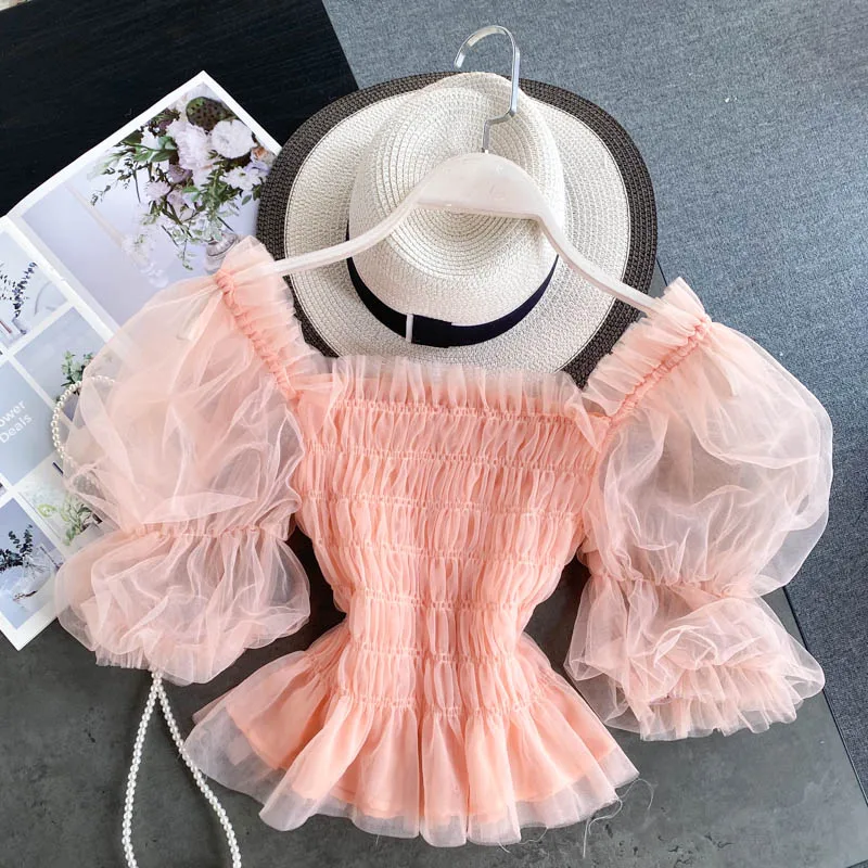 

2020 Summer New Blouse for Women Mesh Puff Sleeve Elastic Pleated Waist Hugging Slim Short Chiffon Shirt Top Women's Shirts Tops