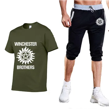 

Men's T-Shirt for Winchester Car Logo Summer Mens Short Sleeve casual male Solid color Crew neck Cotton T-Shirt+Pants Suit 2Pcs