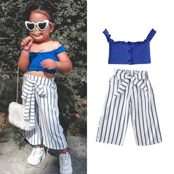 

2020 Casual Fashion Toddler Kid Baby Girl Blue Off Shoulder Crops Tops Bowknot Wide Striped Pants Outfit Clothes Set 2PCS