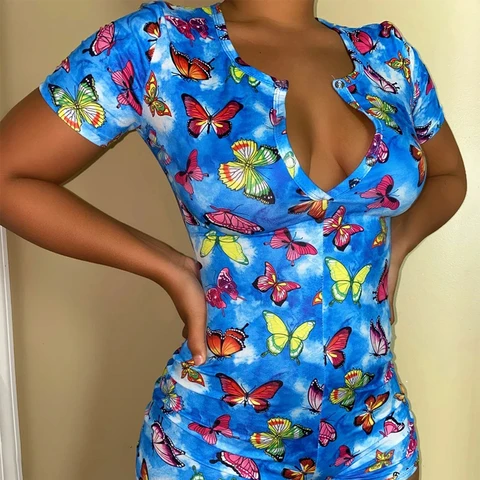 Button Butterfly Print Plus Size Short Sleeve Jumpesuit Women Bodycon Romper Sexy Female Club Streetwear Clothes Lady