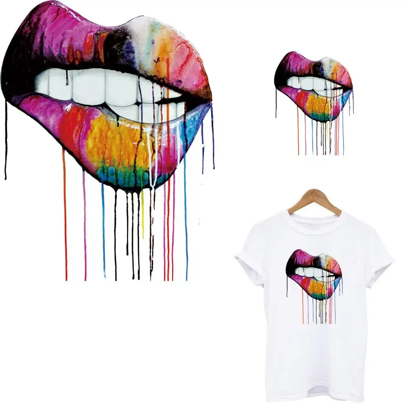 Colorful Sex Lips Thermal Strips Applique Sticker On Clothes Print-On T-shirt Hoodies Iron Patches Watercolor Patch Accessory | Дом и сад
