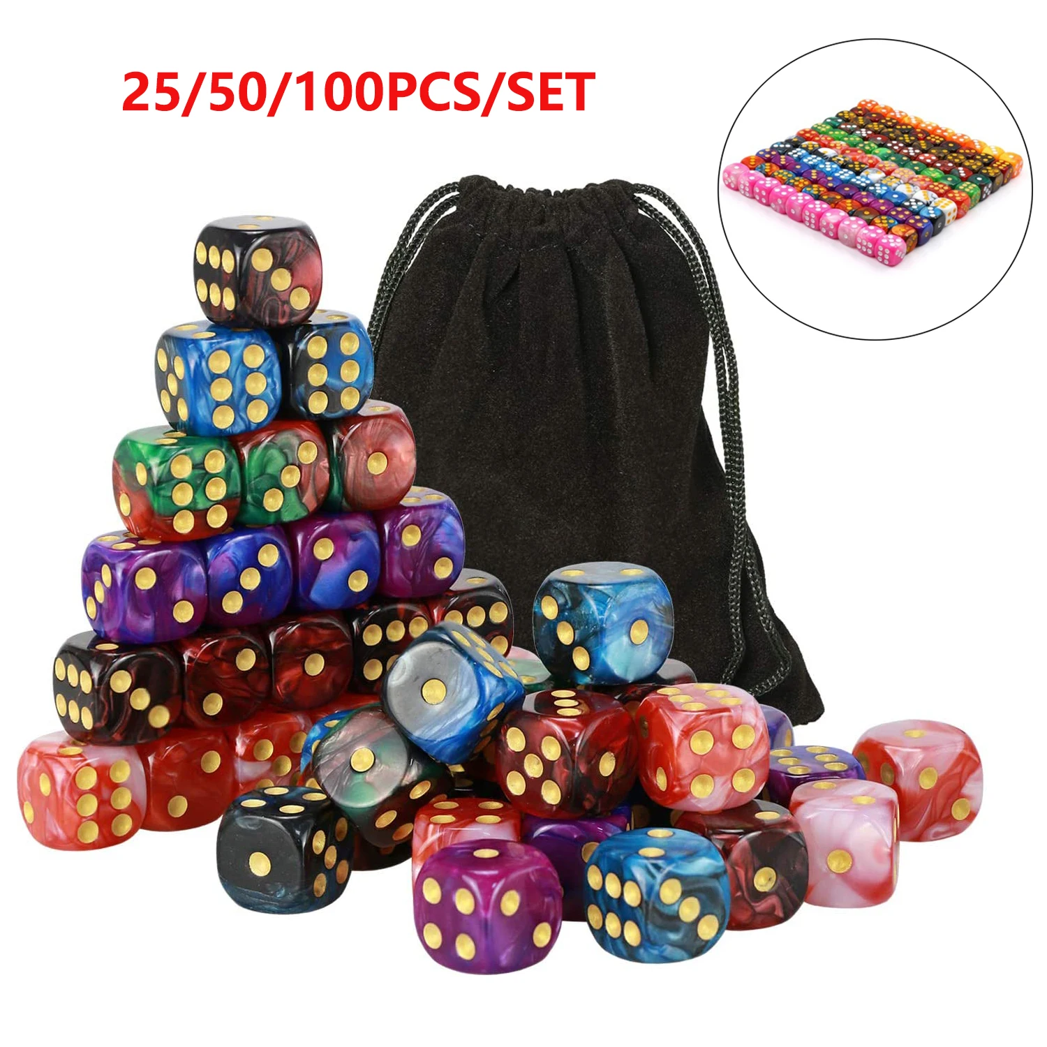 

25/50/100pcs 6 Sided Game Dice Set Polyhedral Acrylic Dice 16mm Round Corner Dice with Gold Pips for Table Games Teaching Math