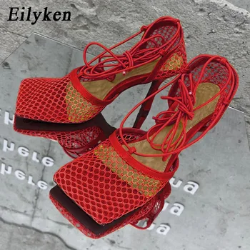 Eilyken 2022 New Sexy Yellow Mesh Pumps Sandals Female Square Toe high heel Lace Up Cross-tied Stiletto hollow Dress shoes 6