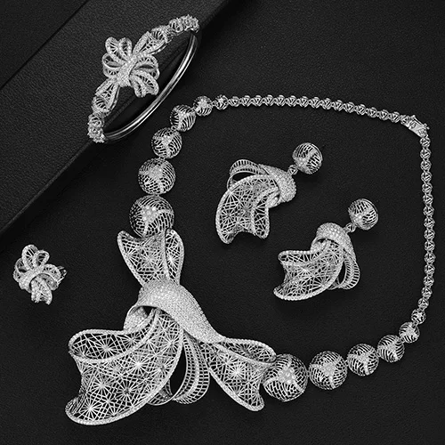Silver 4 шт. женские свадебные комплекты ювелирных изделий Горячие Роскошные цветы с бантом кубическая циркониевая Подвеска Ожерелье Серьги Дубай ювелирные наборы - Окраска металла: Silver