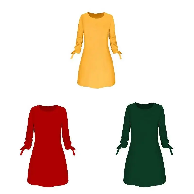 

Hot Ladies One-pieces Dress Solid Color Rounded Neck Long Sleeves Casual Dress for Spring Autumn IE998