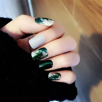 

24pcs New Glitter Paillette Green Blooming fake nails with glue Women Fashion Retro Square Full Cover short coffin nails