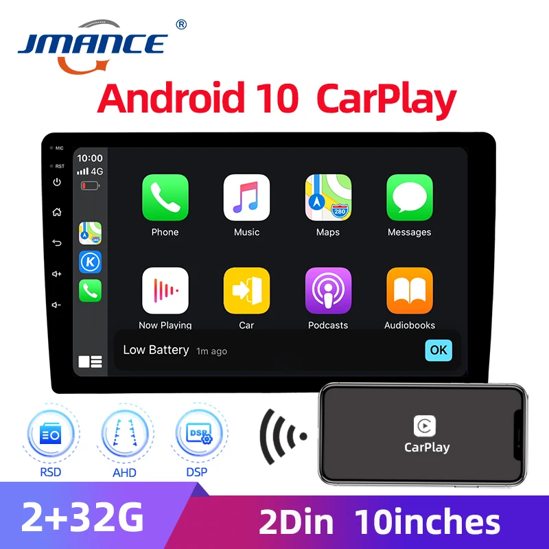 JMANCE 2din AHD Carplay Android 10 Car Radio 2.5D 10'' Maltimedia Stereo DSP & RDS 2GB + 32GB Car DVD Player For Android / IOS