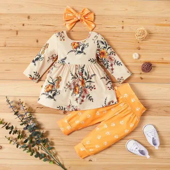 

Fashion Autumn Baby Girls Clothes 3pcs Long Sleeve Floral Print Loose Skirt T-shirt Pants With Headband Outfits Infant Girl Sets