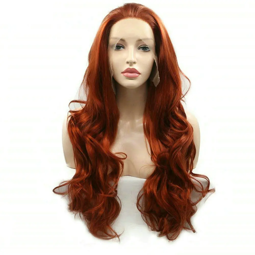 

Melody 360 # медный красный длинный волнистый парик Drag Queen из синтетического кружева, парик из термостойкого волокна для женщин, натуральный вид, косплей