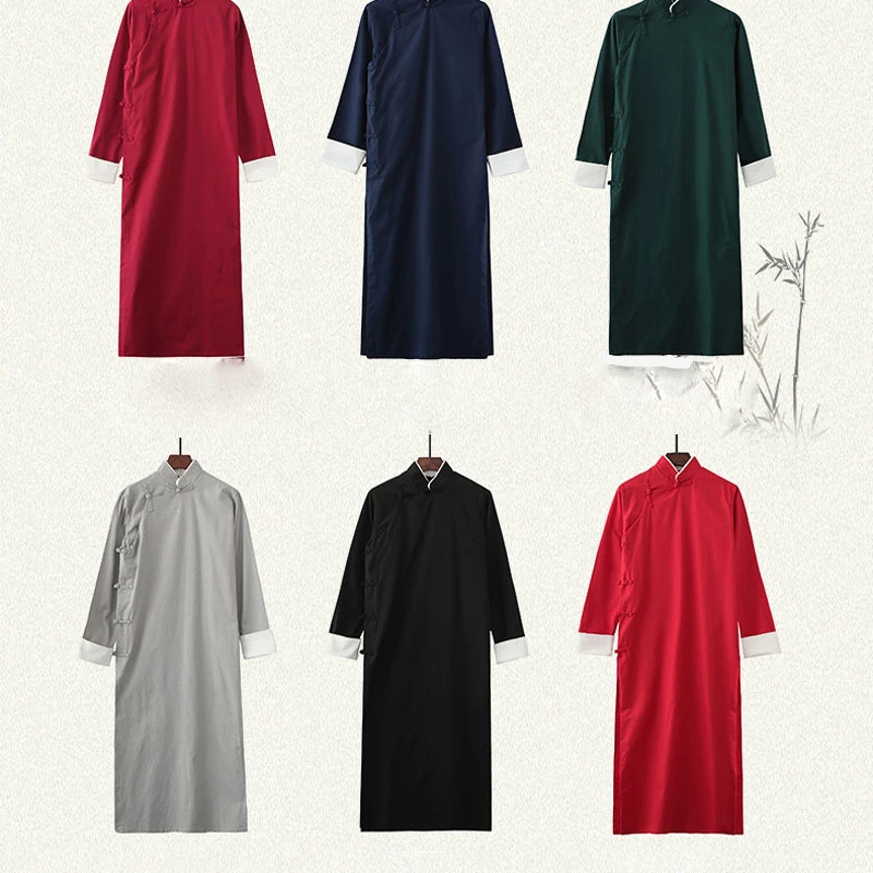 9 Colors Chinese Style Traditional Kung Fu Retro Male Tang Suit Gown Crosstalk Performance Tunic Suit Pure Cotton Linen Gown Chinese Traditional Suit