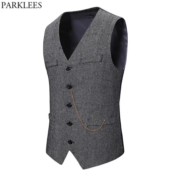 

Gray Herringbone Woolen Dress Vests Men Single Breasted Chain Decoration Gentleman Formal Waistcoat Mens Tuxedo Dress Vest Male