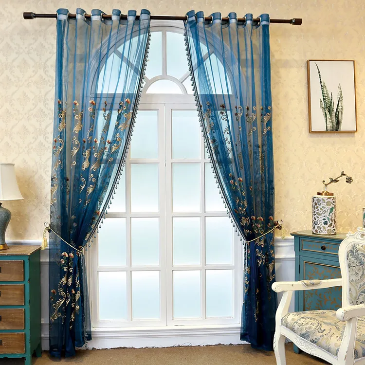 

Blue Light Luxury Curtain Embroidery Flower Screen Living Room Bedroom European Window Screen