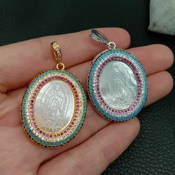 

White Shell Virgin Mary Mop Colorful CZ Pave oval Pendant chain necklace 17.5"