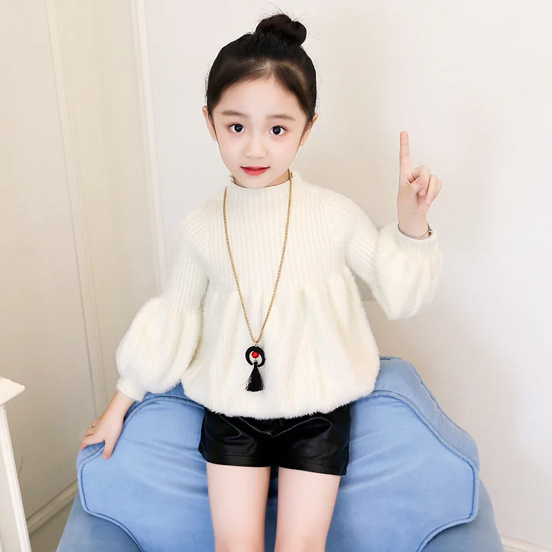

Girls Autumn And Winter New Style Thick Sweater Lantern Sleeve Korean-style Childrenswear Solid Color Long Sleeve Princess Child