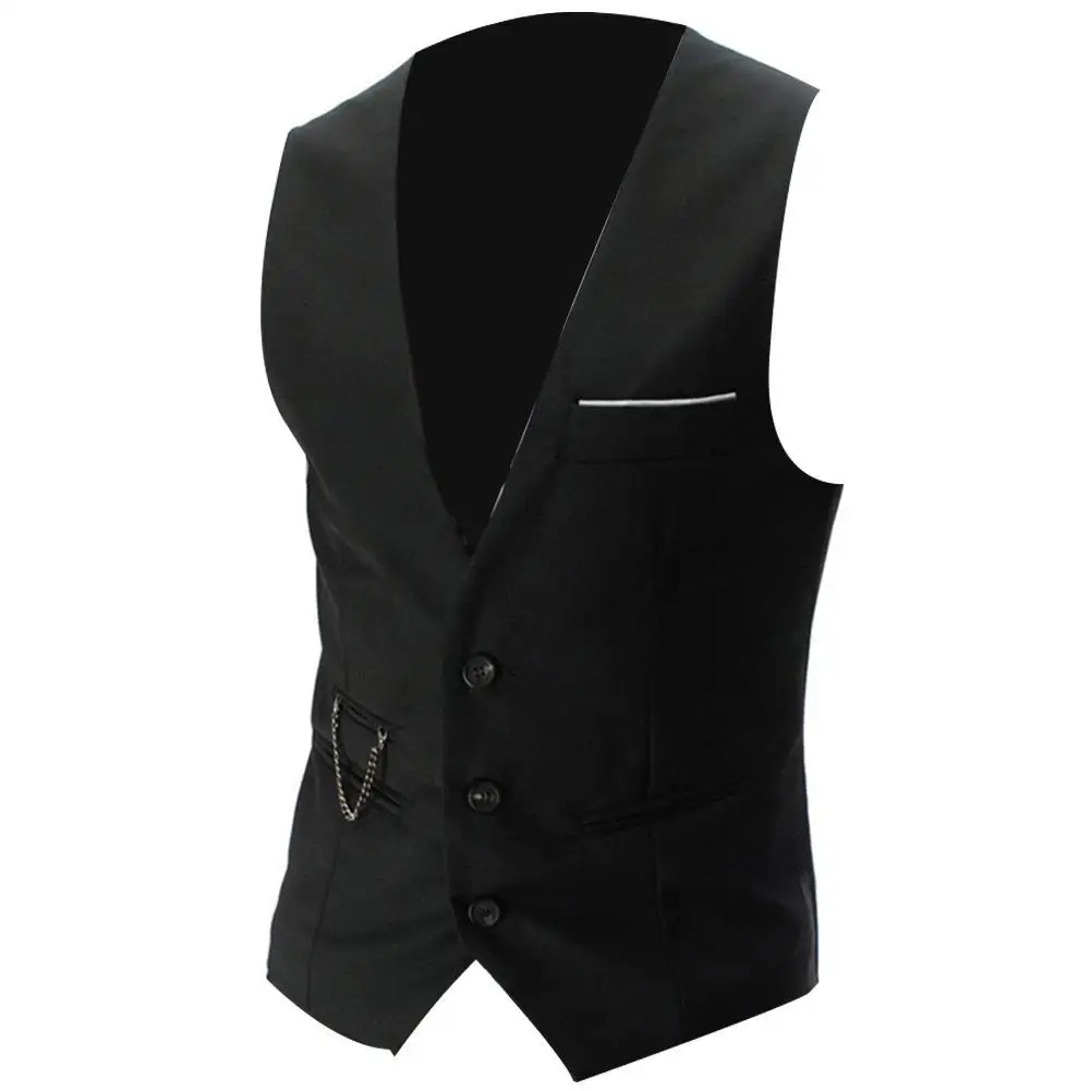 Camisetas de los hombres de la moda de Color sólido de Cuello V sin mangas botón Blazer con bolsillo Chaleco de traje