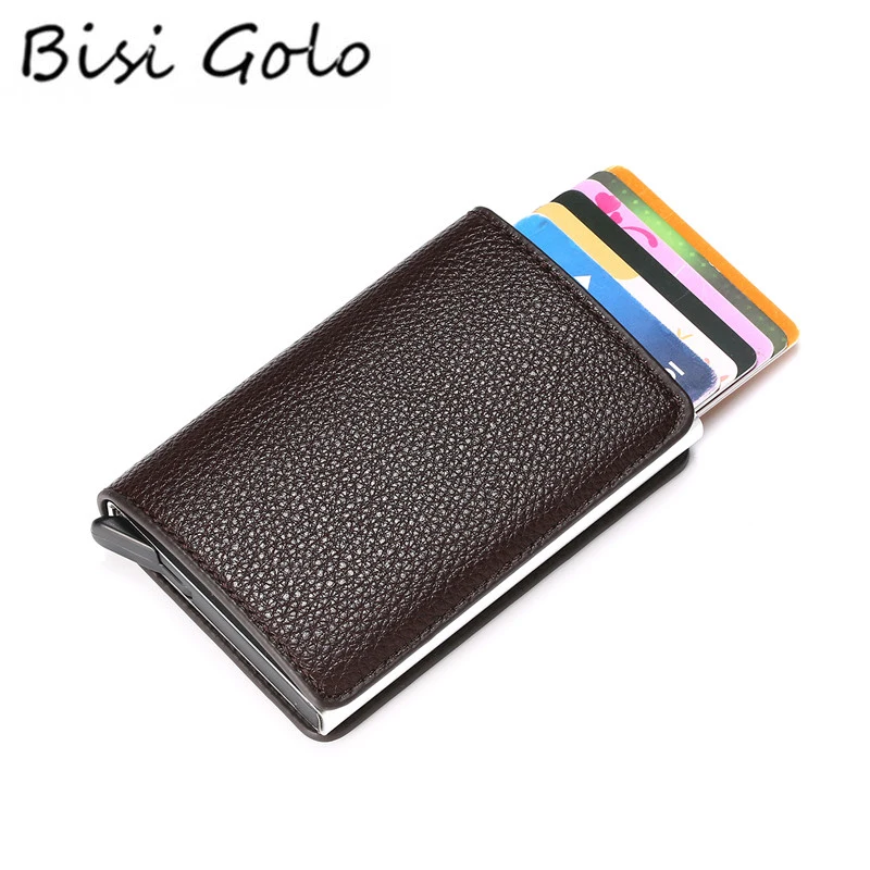 

BISI GORO RFID Wallet Litchi Soft Leather Card Case Information Protector Safety Clutch Fashion Pop-Up Card Holder Aluminum Box
