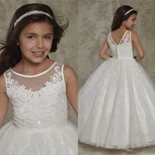 Белые платья с вырезом лодочкой и цветочным узором для девочек; платья с кружевной аппликацией для маленьких девочек; платье принцессы на пуговицах сзади для первого причастия