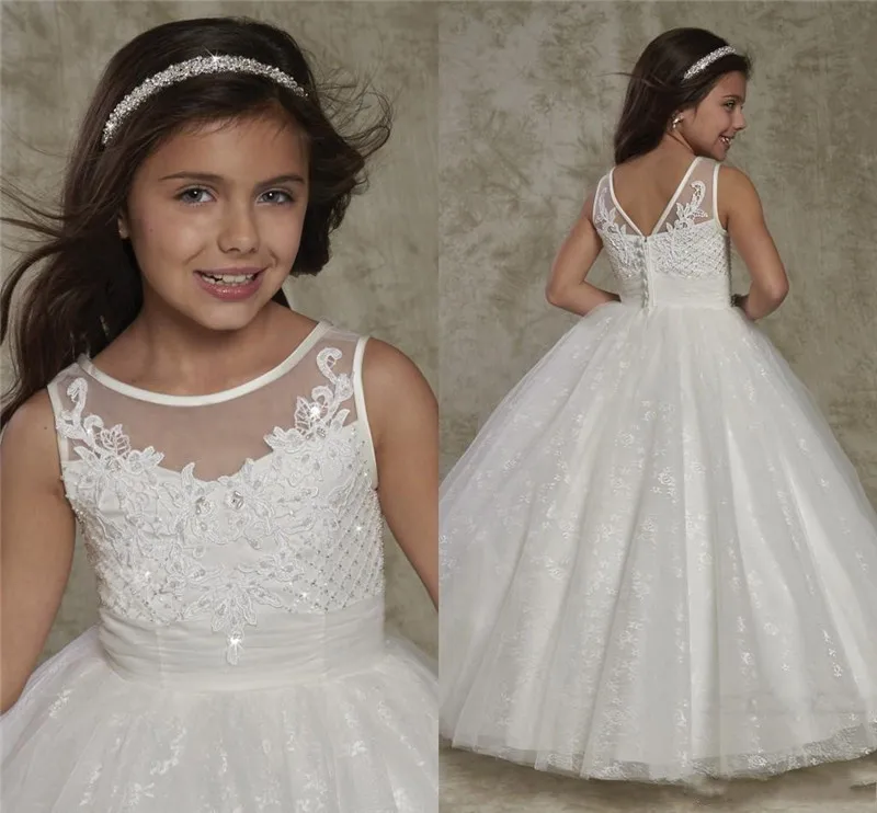 Crew Neck Flower Girls Dresses Lace Appliques Toddler Kid Little Princess Button Back First Communion Dress | Детская одежда и